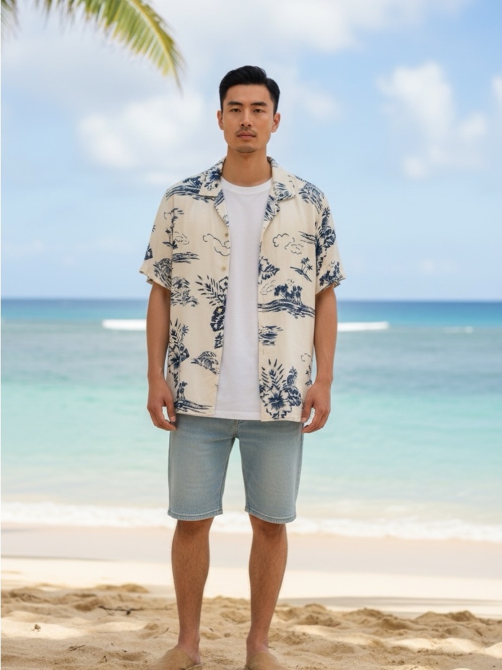 Porter and Ash Cream & Navy Tropical Print Short Sleeve Shirt.